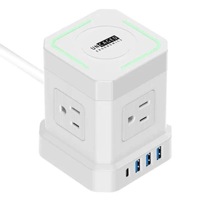 Wireless Charger Power Cube/USB-C Fast Charging (White) A bedside charging station for 9 devices 15W wireless, USB-C & 3 USB ports, 320J surge protection, 4 outlets, 10ft cord Wireless Charger Power Cube/USB-C Fast Charging (White) A bedside charging station for 9 devices 15W wireless, USB-C & 3 USB ports, 320J surge protection, 4 outlets, 10ft cord