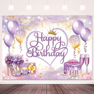 7x5ft Purple Happy Birthday Banner Backdrop Pink Purple Gold Birthday Party Decorations for Women Girls Flower High Heels Themed Photography Background Yard Sign Wall Decor 7x5ft Purple Happy Birthday Banner Backdrop Pink Purple Gold Birthday Party Decorations for Women Girls Flower High Heels Themed Photography Background Yard Sign Wall Decor