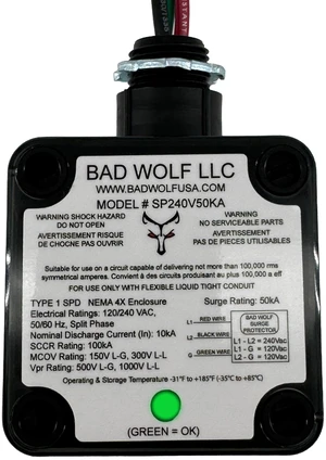 SP240V50KA-A Whole House Surge Protector, 50kA Type 1 Panel Mount 120/240VAC Split-Phase Made in USA ETL Listed to UL 1449 5th Edition NEMA 4X/IP67 Green Status LED SP240V50KA-A Whole House Surge Protector, 50kA Type 1 Panel Mount 120/240VAC Split-Phase Made in USA ETL Listed to UL 1449 5th Edition NEMA 4X/IP67 Green Status LED