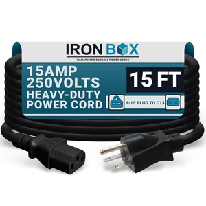 IronBox Electric NEMA 6-15 Plug to C13 Connector Power Cords - 15A/250V - 14/3 AWG - Power Supply Replacement Cable - UL Listed Heavy Duty Cord for Monitor, Computer, TV & More (15 ft, Molded) IronBox Electric NEMA 6-15 Plug to C13 Connector Power Cords - 15A/250V - 14/3 AWG - Power Supply Replacement Cable - UL Listed Heavy Duty Cord for Monitor, Computer, TV & More (15 ft, Molded)