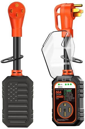 50 Amp RV Surge Proetector, 30000J for 50A Camper Trailer Orange 30000J Upgraded 2026, Unique Flag Design, 50Amp for Rvers, IP68 Waterproof, Big Cover, Circuit analyzer, Auto shutoff 50 Amp RV Surge Proetector, 30000J for 50A Camper Trailer Orange 30000J Upgraded 2026, Unique Flag Design, 50Amp for Rvers, IP68 Waterproof, Big Cover, Circuit analyzer, Auto shutoff