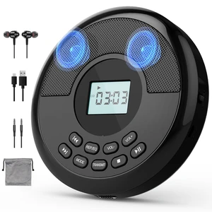 Portable CD Player with Speakers and Bluetooth, Black Rechargeable Discman, Headphones Included, Anti-Skip Protection, CD/MP3/USB/BT Transmit/AUX, Car Connection Portable CD Player with Speakers and Bluetooth, Black Rechargeable Discman, Headphones Included, Anti-Skip Protection, CD/MP3/USB/BT Transmit/AUX, Car Connection