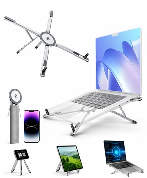 Laptop Stand for Desk, 8-Level Adjustable, Magnetic Phone Mount Silver For 1317 in laptops. Aluminum build, anti-slip support and fold-flat portability. Includes a magnetic ring and carry bag Laptop Stand for Desk, 8-Level Adjustable, Magnetic Phone Mount Silver For 1317 in laptops. Aluminum build, anti-slip support and fold-flat portability. Includes a magnetic ring and carry bag