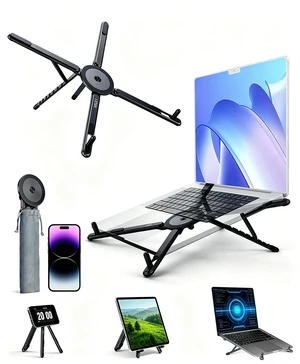 Laptop Stand for Desk, 8-Level Adjustable, Magnetic Phone Mount Black For 1317 in laptops. Aluminum build, anti-slip support and fold-flat portability. Includes a magnetic ring and carry bag Laptop Stand for Desk, 8-Level Adjustable, Magnetic Phone Mount Black For 1317 in laptops. Aluminum build, anti-slip support and fold-flat portability. Includes a magnetic ring and carry bag