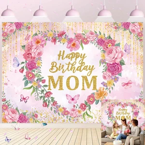Happy Birthday Mom Backdrop Pink Flower Heart Glitter Mother's Day Decor Photography Background Mom's Birthday Backdrop for Women Party Decorations Banner Photo Props (8x6FT) Happy Birthday Mom Backdrop Pink Flower Heart Glitter Mother's Day Decor Photography Background Mom's Birthday Backdrop for Women Party Decorations Banner Photo Props (8x6FT)