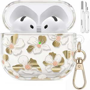 for AirPods 5/4 Case (2026-2024) with Keychain,Golden White Lily with Cleaner Pen,Two-Piece Design,Supports Wireless,Gold Stamping Process,Clear Luxury Floral Protector for Women Girly for AirPods 5/4 Case (2026-2024) with Keychain,Golden White Lily with Cleaner Pen,Two-Piece Design,Supports Wireless,Gold Stamping Process,Clear Luxury Floral Protector for Women Girly