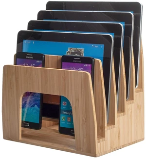 Bamboo Multi Device Inclined Organizer for Smartphones, Tablets and Laptops, Upright Sections, Step Sorter, 5 Slots Bamboo Multi Device Inclined Organizer for Smartphones, Tablets and Laptops, Upright Sections, Step Sorter, 5 Slots