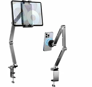 Magnetic Heavy Duty Metal Phone/Tablet Holder for Bed Adjustable Foldable Stand for Desk Aluminum Universal Lazy Bracket 360° Rotation Flexible Long Arm (Grey, Magnetic) Magnetic Heavy Duty Metal Phone/Tablet Holder for Bed Adjustable Foldable Stand for Desk Aluminum Universal Lazy Bracket 360° Rotation Flexible Long Arm (Grey, Magnetic)