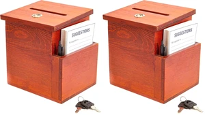 Wooden Suggestion Box with Slot - Secure Money Drop - Raffle Box for Events - 7.5 x 7.1 x 5.5 in, Brown, 50 Blank Cards & Pen (Pack of 2) Wooden Suggestion Box with Slot - Secure Money Drop - Raffle Box for Events - 7.5 x 7.1 x 5.5 in, Brown, 50 Blank Cards & Pen (Pack of 2)