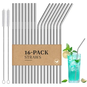 Reusable Stainless Steel Straws Set, 16 Pack, Silver, with 2 Brushes Reusable Stainless Steel Straws Set, 16 Pack, Silver, with 2 Brushes