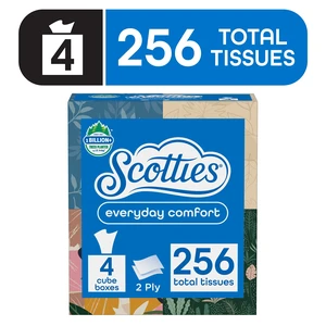 Scotties Everyday Comfort Facial Tissues, 2-Ply, 64 Tissues per Box, 4 Cube Boxes (256 Total Sheets) Scotties Everyday Comfort Facial Tissues, 2-Ply, 64 Tissues per Box, 4 Cube Boxes (256 Total Sheets)