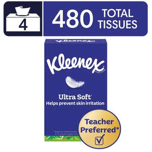 Kleenex Ultra Soft 3-Ply Flat Box Facial Tissues, 4 Pack (480 Tissues) Kleenex Ultra Soft 3-Ply Flat Box Facial Tissues, 4 Pack (480 Tissues)