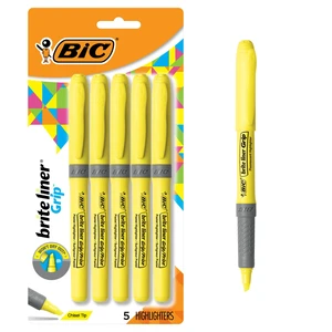 BIC Brite Liner Grip Highlighters, Chisel Tip, Yellow, 5-Count Pack BIC Brite Liner Grip Highlighters, Chisel Tip, Yellow, 5-Count Pack