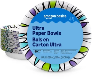 Amazon Basics Ultra Disposable Paper Bowls, 20oz, 50 Count, White, Microwave Safe, Soak Proof, Strong & Sturdy Amazon Basics Ultra Disposable Paper Bowls, 20oz, 50 Count, White, Microwave Safe, Soak Proof, Strong & Sturdy