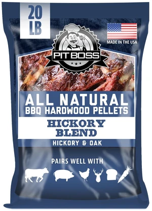 100% All-Natural Hardwood Hickory Blend Pit Boss BBQ Grilling Pellets, 20lb Bag 100% All-Natural Hardwood Hickory Blend Pit Boss BBQ Grilling Pellets, 20lb Bag