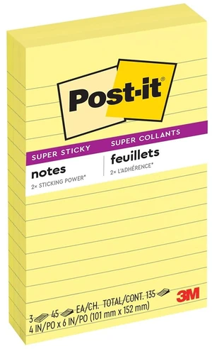 Post-it Super Sticky Lined Notes, 4" x 6", Canary Yellow, 3 Pack Post-it Super Sticky Lined Notes, 4" x 6", Canary Yellow, 3 Pack