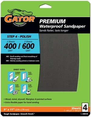 Gator 438930 Premium Waterproof Sandpaper Combo Pack, 9x11 in, 400/600 Grit, 4 Pieces Gator 438930 Premium Waterproof Sandpaper Combo Pack, 9x11 in, 400/600 Grit, 4 Pieces