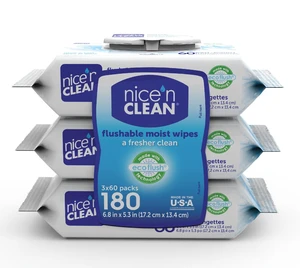 Nice N Clean Plant-Based Flushable Wet Wipes, 3 Flip-Top Packs (180 Total Wipes) Nice N Clean Plant-Based Flushable Wet Wipes, 3 Flip-Top Packs (180 Total Wipes)