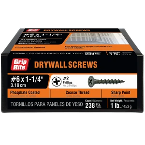 Grip-Rite #6 x 1-1/4in Phillips Bugle-Head Coarse Thread Sharp Point Drywall to Wood Screw 1lb Grip-Rite #6 x 1-1/4in Phillips Bugle-Head Coarse Thread Sharp Point Drywall to Wood Screw 1lb