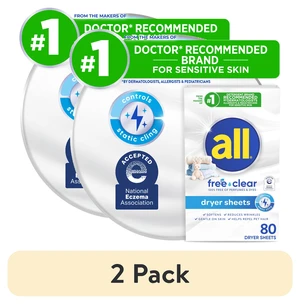 2 Pack All Free Clear Fabric Softening Dryer Sheets for Sensitive Skin, Controls Static, 80 Count 2 Pack All Free Clear Fabric Softening Dryer Sheets for Sensitive Skin, Controls Static, 80 Count