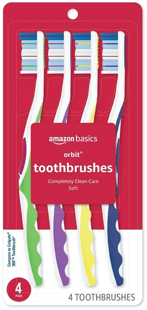 Amazon Basics Orbit Toothbrushes, Soft Bristles, Full Size, 4 Count, Assorted Colors Amazon Basics Orbit Toothbrushes, Soft Bristles, Full Size, 4 Count, Assorted Colors