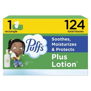 Puffs Facial Tissues Plus Lotion, 124 Facial Tissues (1 Family Rectangle Box), for Allergies and Colds (Packaging May Vary) Puffs Facial Tissues Plus Lotion, 124 Facial Tissues (1 Family Rectangle Box), for Allergies and Colds (Packaging May Vary)