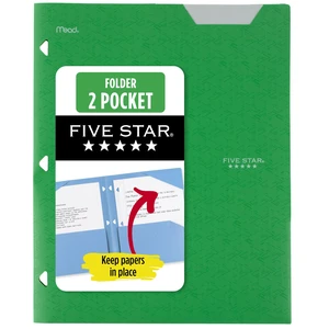 Five Star 2-Pocket Plastic Folder with Stay-Put Tabs, Fits 3-Ring Binder, Holds 8-1/2" x 11" Paper, Forest Green (333420E-ECM) Five Star 2-Pocket Plastic Folder with Stay-Put Tabs, Fits 3-Ring Binder, Holds 8-1/2" x 11" Paper, Forest Green (333420E-ECM)