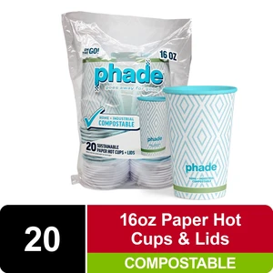 Phade 16oz Compostable Paper Hot Cups with Lids, 20 Count, Blue Diamond Design Phade 16oz Compostable Paper Hot Cups with Lids, 20 Count, Blue Diamond Design