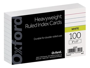 Oxford 63500 Heavyweight Ruled Index Cards, 3" x 5", White, 100 Pack Oxford 63500 Heavyweight Ruled Index Cards, 3" x 5", White, 100 Pack