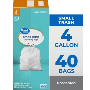 Great Value 4-Gallon Small Drawstring Trash Bags, 40 Count Great Value 4-Gallon Small Drawstring Trash Bags, 40 Count