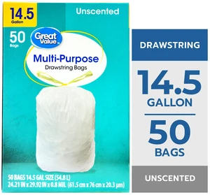 Great Value 14.5Gal Drawstring Trash Bags, Unscented, 50 Bags Great Value 14.5Gal Drawstring Trash Bags, Unscented, 50 Bags