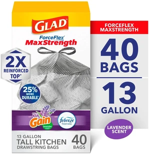 Glad ForceFlex MaxStrength 13-Gallon Tall Kitchen Drawstring Trash Bags, Gain Lavender Scent, 40 Bags Glad ForceFlex MaxStrength 13-Gallon Tall Kitchen Drawstring Trash Bags, Gain Lavender Scent, 40 Bags