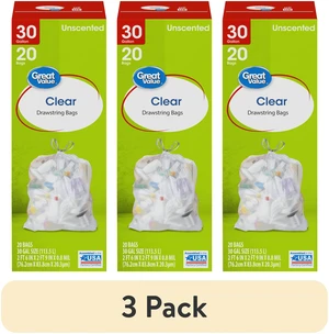 Great Value 30 gal Large Clear Drawstring Trash Bags, 3 Pack, 20 Count Great Value 30 gal Large Clear Drawstring Trash Bags, 3 Pack, 20 Count