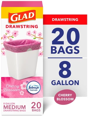 Glad 8-Gallon Medium Pink Drawstring Trash Bags, Febreze Cherry Blossom Scent, 20 Bags Glad 8-Gallon Medium Pink Drawstring Trash Bags, Febreze Cherry Blossom Scent, 20 Bags