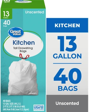 Great Value 13 Gallon Tall Kitchen Trash Bags, Drawstring, Unscented, 40 Bags Great Value 13 Gallon Tall Kitchen Trash Bags, Drawstring, Unscented, 40 Bags