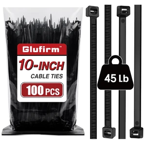 Glufirm 10-Inch Black Cable Ties (100-Pack), 45lb Tensile Strength, Zip Ties Glufirm 10-Inch Black Cable Ties (100-Pack), 45lb Tensile Strength, Zip Ties