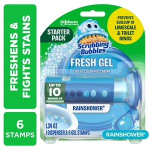 Scrubbing Bubbles Automatic Toilet Bowl Cleaner, Rainshower, Fresh Gel Cleaning Stamp, Dispenser & 6 Gel Stamps Scrubbing Bubbles Automatic Toilet Bowl Cleaner, Rainshower, Fresh Gel Cleaning Stamp, Dispenser & 6 Gel Stamps