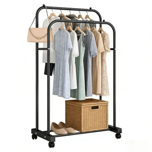GARITIN Double Rod Heavy Duty Rolling Clothes Rack with Wheels, Portable Closet Rack for Bedroom, Laundry, Entryway, Black GARITIN Double Rod Heavy Duty Rolling Clothes Rack with Wheels, Portable Closet Rack for Bedroom, Laundry, Entryway, Black