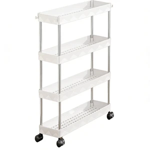 4-Tier Slim Rolling Storage Cart with Lockable Wheels, Portable Mobile Utility Cart for Bathroom, Laundry Room, Kitchen, White 4-Tier Slim Rolling Storage Cart with Lockable Wheels, Portable Mobile Utility Cart for Bathroom, Laundry Room, Kitchen, White