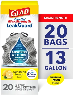 Glad ForceFlex MaxStrength LeakGuard 13-Gallon Tall Kitchen Trash Bags, Sunshine Lemon Scent, 20 Bags Glad ForceFlex MaxStrength LeakGuard 13-Gallon Tall Kitchen Trash Bags, Sunshine Lemon Scent, 20 Bags