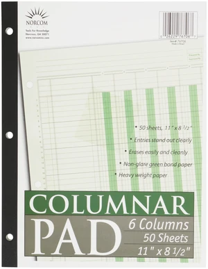 6 Columns, 8.5" x 11", Letter Size, 50 Sheets Norcom Columnar Ledger Pad 6 Columns, 8.5" x 11", Letter Size, 50 Sheets Norcom Columnar Ledger Pad