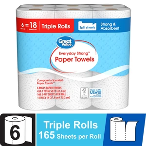 Great Value Everyday Strong Paper Towels, 6 Triple Rolls, Split Sheets Great Value Everyday Strong Paper Towels, 6 Triple Rolls, Split Sheets