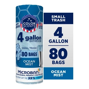 Color Scents Ocean Mist Scent 4 Gallon Bathroom Trash Bags with Microban and Twist Ties, 80 Count Color Scents Ocean Mist Scent 4 Gallon Bathroom Trash Bags with Microban and Twist Ties, 80 Count