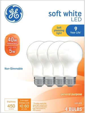 GE A19 LED Light Bulbs, 40 Watts, Soft White, Medium Base, Frosted Finish, 9-Year, 4-Pack GE A19 LED Light Bulbs, 40 Watts, Soft White, Medium Base, Frosted Finish, 9-Year, 4-Pack
