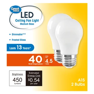 A15 4.5W (40W Equivalent) LED Ceiling Fan Light Bulb, Soft White, Dimmable, E26 Base, 2-Pack, Great Value A15 4.5W (40W Equivalent) LED Ceiling Fan Light Bulb, Soft White, Dimmable, E26 Base, 2-Pack, Great Value