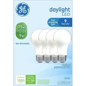 GE LED Light Bulbs A19, 75W, Daylight, Medium Base, Frosted Finish, 9-Year, 4-Pack GE LED Light Bulbs A19, 75W, Daylight, Medium Base, Frosted Finish, 9-Year, 4-Pack