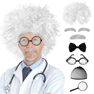 Jnnzzggu 8PCS Old Man Mad Scientist Wig Set with Lab Glasses and Mustache Physicist Costume Jnnzzggu 8PCS Old Man Mad Scientist Wig Set with Lab Glasses and Mustache Physicist Costume