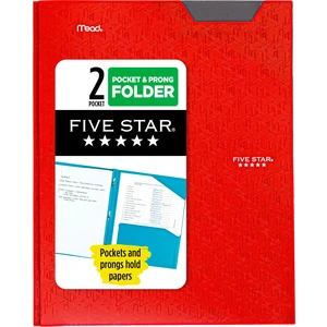 Five Star 2-Pocket Plastic Folder with Stay-Put Tabs and Prong Fasteners, Holds 8-1/2" x 11" Paper, Fire Red (72109) Five Star 2-Pocket Plastic Folder with Stay-Put Tabs and Prong Fasteners, Holds 8-1/2" x 11" Paper, Fire Red (72109)
