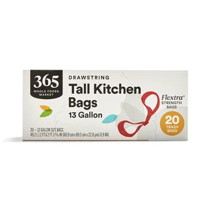 365 by Whole Foods Market Flextra Strength Drawstring Tall Kitchen Trash Bags, 13 Gallon, 20 Count 365 by Whole Foods Market Flextra Strength Drawstring Tall Kitchen Trash Bags, 13 Gallon, 20 Count
