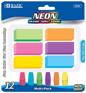 BAZIC Neon Erasers & Eraser Caps Set, Latex-Free, 12 Pieces BAZIC Neon Erasers & Eraser Caps Set, Latex-Free, 12 Pieces